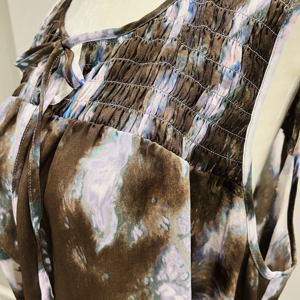 Simply Vera Vera Wang Size XL Brown Multi Color Smock Tie Neckline Blouse - Picture 3 of 5